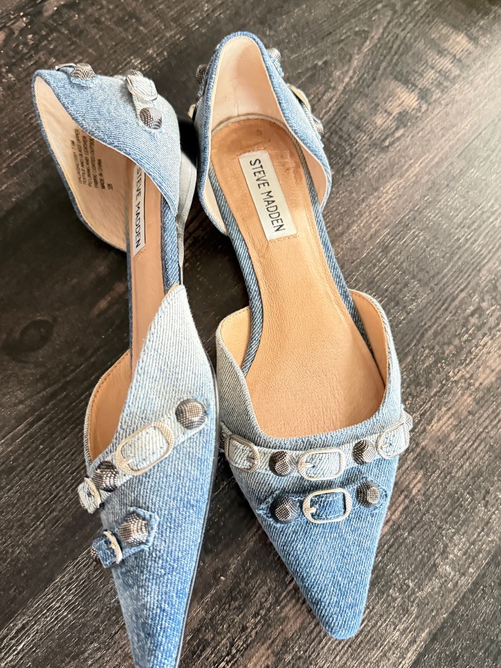 Steve Madden Light Blue Denim Pointed D'Orsay Flats with Buckle Accents